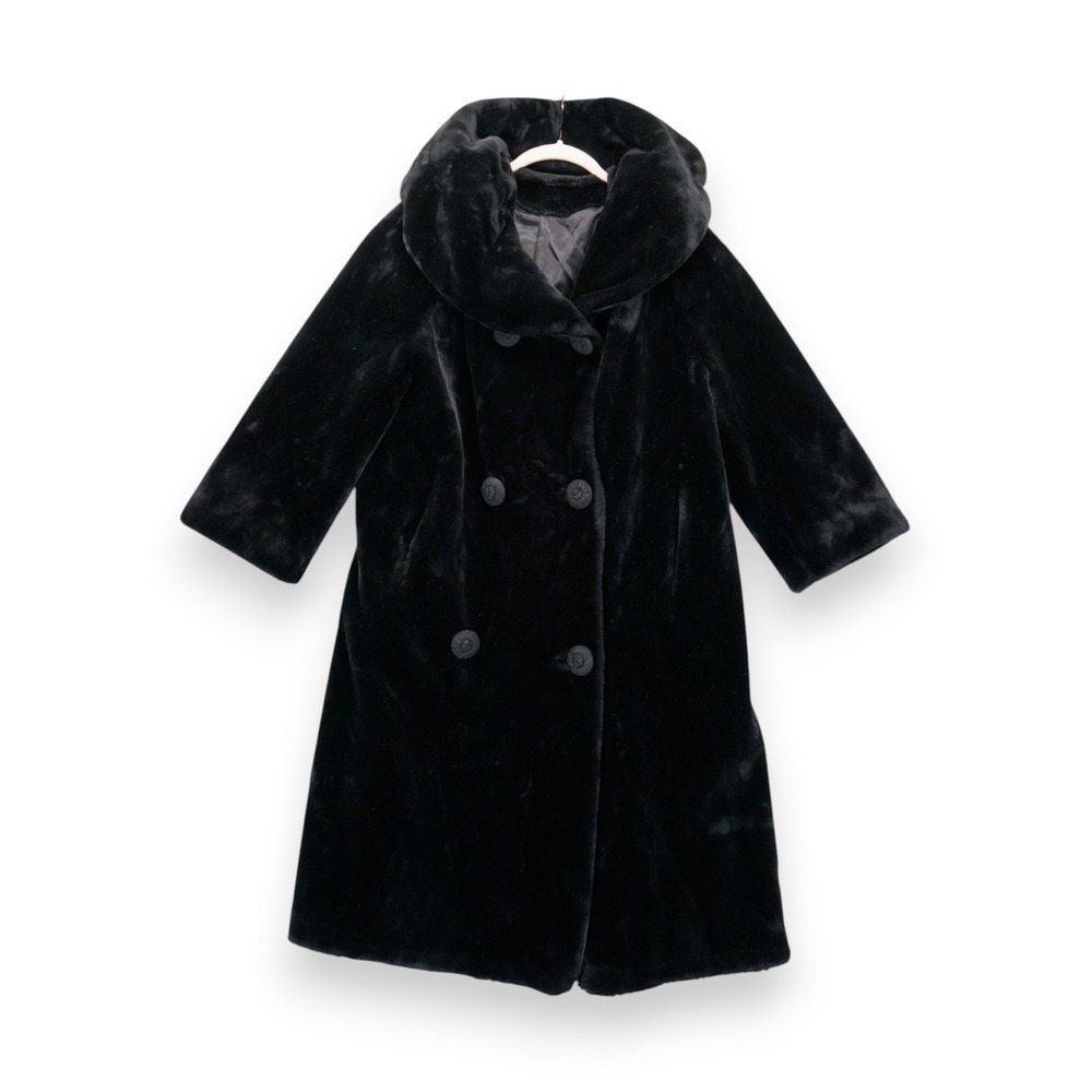 Vintage BORGAZIA Black Faux Fur Double‎ Breasted Long Jacket Womens ~ Union Made
